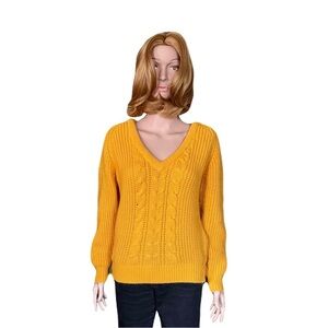 EVIAN LTD V-Neck Soft Cable Knit Sweater - Mustard, Size M